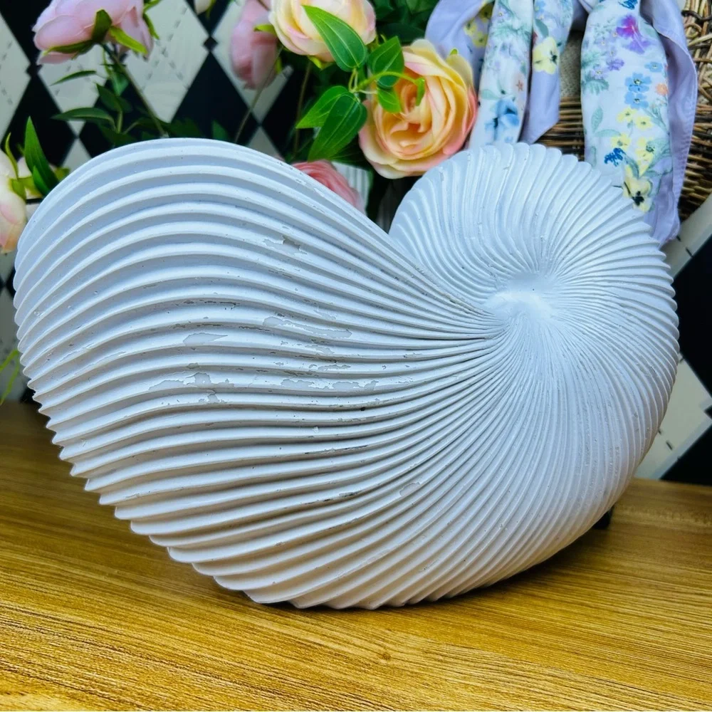 Large‎ Distressed Shell Vase White Resin Organic Sculptural Form Coastal Luxury